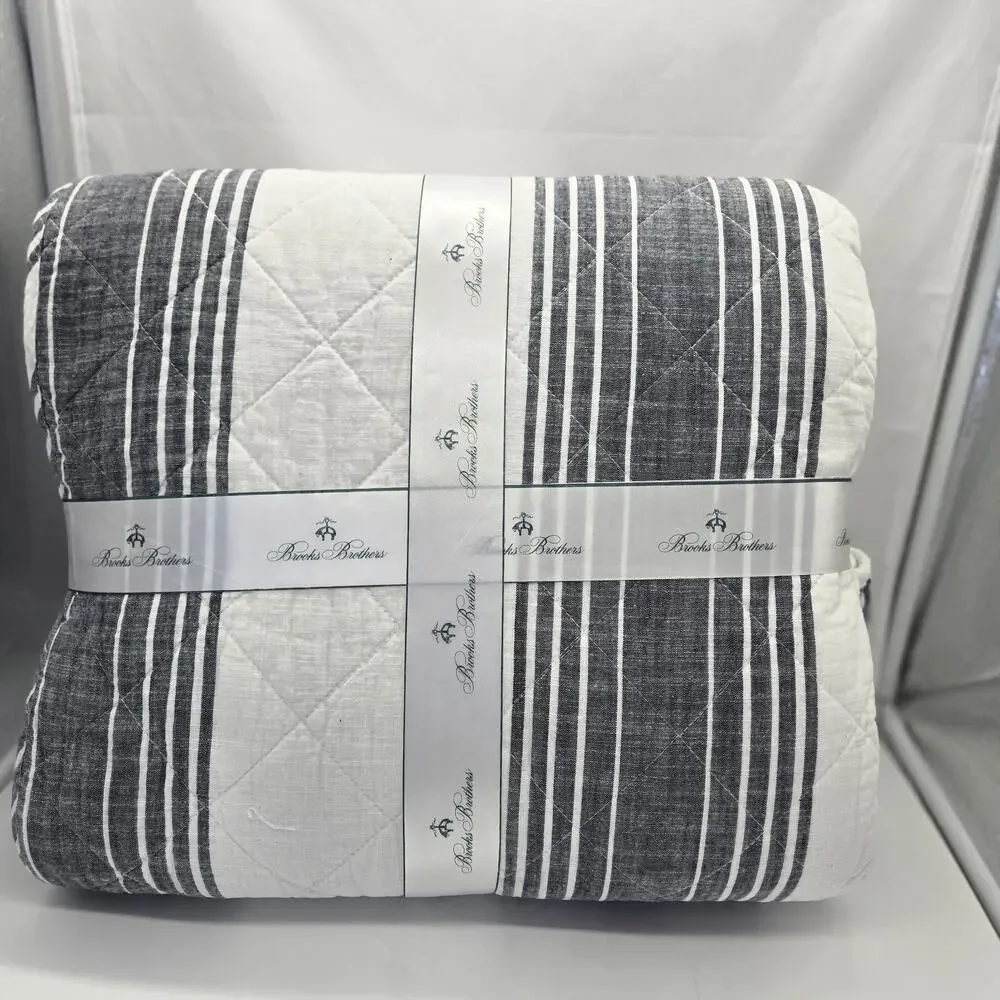 BROOKS BROTHERS Nantucket Stripe Quilt Set WHITE NAVY Blue QUEEN FULL Shams NWT